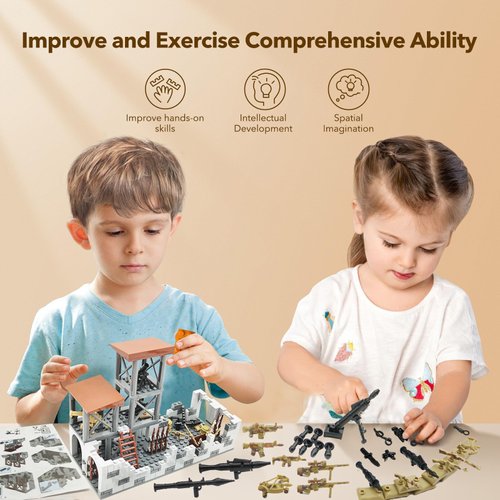 Military Base Building Block Sets for Army Minifigure War Accessories,Flexible and Movable Military Guard Tower Guns Weapons Toys for Kids,MOC Small Particle Assembled Building Blocks