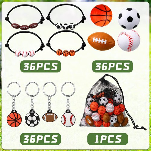 Nosiny 108 Pcs Sportball Party Favors Bulk 36 Pcs Sport Keychain Gifts 36 Pcs Sportball Stress Balls 36 Pcs Sportball Charm Bracelets for Team Birthday Party Supplies