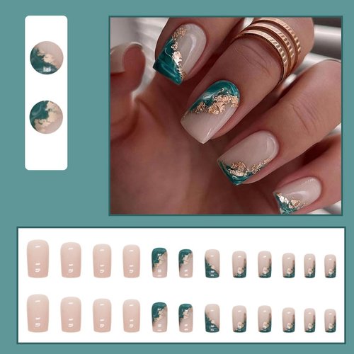 AkiliBIELY Medium Square Press on Nails Green Gold Bare Fake Nails Short Pink Glue on Nails Fantasy Women Stick on Nails Acrylic Gel Classy False Nails Wedding Birthday