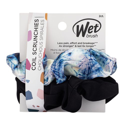 Wet Brush Coil Hair Scrunchies for Women & Girls - 2 Count, Blue Tie Dye & Black - Suitable for All Hair Types - Pain-Free Hair Accessories Perfect for Long Lasting Braids, Ponytails and More