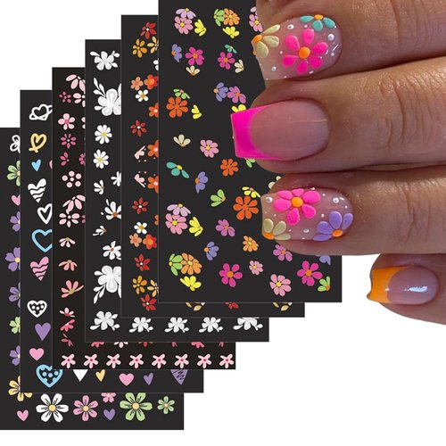 Flower Nail Stickers for Women Girls Colorful Flower Nail Art Stickers for Nail Designs Daisy Nail Decals for Nail Art Supplies Exquisite Flower Sticker Nails for Women Nail Decorations 6 Sheets