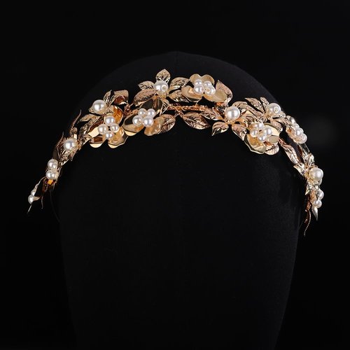 Teyglen Leaf Bride Wedding Headband Vintage Leave Pearl Wedding Hair Band Crown Greek Goddess Headpiece Bridal Flower Head Pieces for Wedding Prom Birthday Party (Gold)