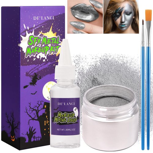 Silver Face Paint Metallic Powder Kit, Washable Body Paint Metal Powder with Mixing Liquid & 2 Brushes, Halloween SFX Makeup for Adults & Kids, Perfect for Stage Parties, Eyeliner, Nail, DIY 0.43 Oz