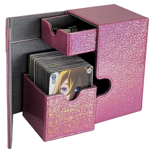 Dmoicols Deck Card Box with Dice Tray Holds 170+ Sleeveless Cards Laser PU Leather Material Trading Cards Game Storage Case Compatible with TCG/MTG/CCG/YuGiOh/Magic(Sparkly Rose Red Point)