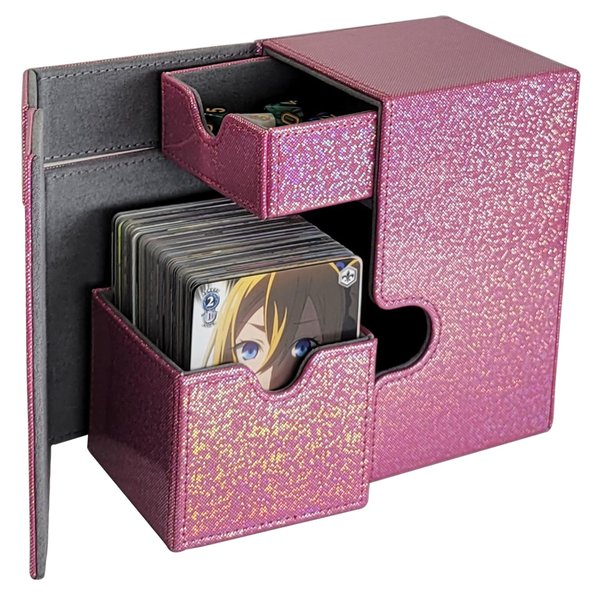Dmoicols Deck Card Box with Dice Tray Holds 170+ Sleeveless Cards Laser PU Leather Material Trading Cards Game Storage Case Compatible with TCG/MTG/CCG/YuGiOh/Magic(Sparkly Rose Red Point)