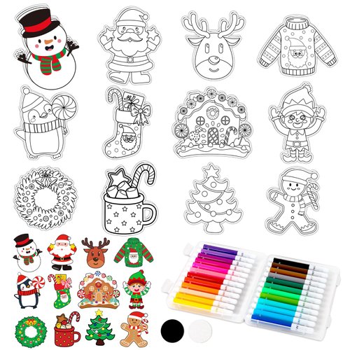 JarThenaAMCS 48 Sets Christmas Crafts for Kids Color Your Own Santa Snowman Gingerbread Magnet Craft Kit DIY Christmas Coloring Arts Magnet Ornaments for Party Classroom Supplies