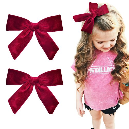 CEELGON Hair Clip, 2PCS 5" Dark Red Velvet Bow for Girls Hair Accessories Velvet Fabric, Sturdy Alligator Clips, Adorable Pigtail Bows, Perfect for Every Occasion, Party, School