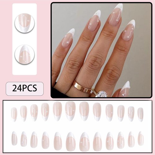 WAFOLOZE Almond Press on Nails,White French Tip Almond Nails Medium Fake/False Nails with Pearl Nails Press on Designs Acrylic Artificial Nails Stick on Nails for Women 24Pcs