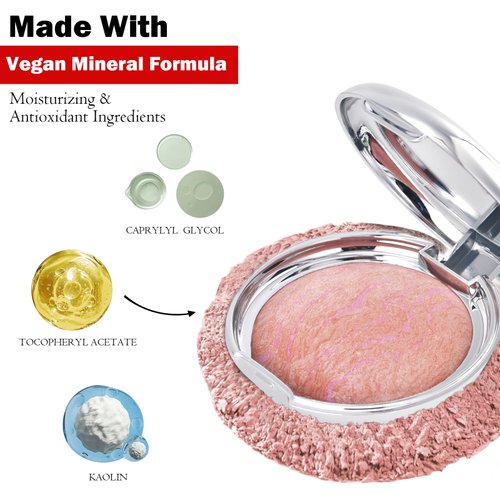 POPCODE Baked Blush Marbleized Powder Blush for Cheeks, Creamy Lightweight Natural Finish, Infused with Vitamin E, Vegan & Cruelty Free, Talc Free - #002 CREAM ROSES