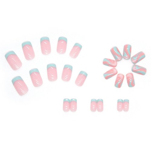 IMSOHOT Medium Press on Nails Square French Tips Fake Nails Blue Pink Wave False Nails with Designs Glossy Glue on Nails Full Cover Cute Acrylic Nails for Women and Girls 24Pcs