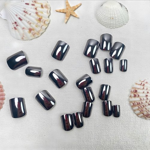 BFY Press on Nails Short Square, Black Chrome Fake Nails, Mirror Metal Acrylic Nails Set Stick Glue on Nails, Shiny Glossy False Nails Elegant Women Girls Nail Accessories Decorations 24 Pcs