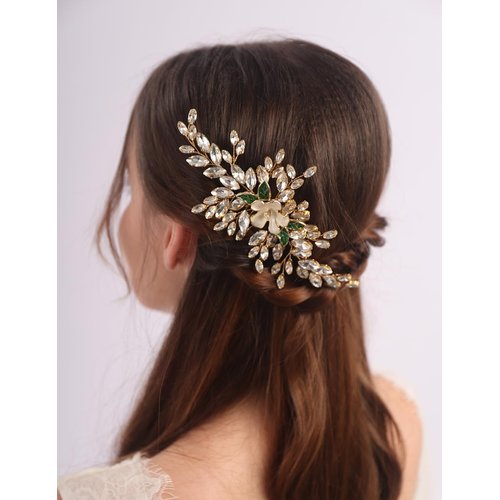 Teyglen Crystal Bride Wedding Hair Comb Bridal Flower Hair Comb Headband Handmade Rhinestone Green Leaf Headpieces Gold Hair Pieces Hair Jewelry for Women Flower Girls