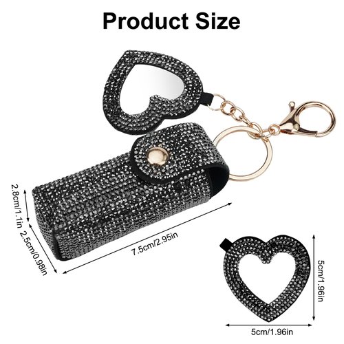 Black Lipstick Holder with Mirror Leather Diamond Lip Gloss Bag Chapstick Holder Keychain Portable Lip Balms Holder for Women Girl Travel Lipgloss Coins Storage Holder for Purse