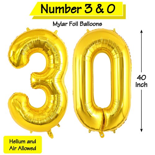 40 Inch Gold 30 Number Balloons, Jumbo Foil Helium Balloons for 30th Birthday Party Decorations Supplies / 30th Anniversary Event