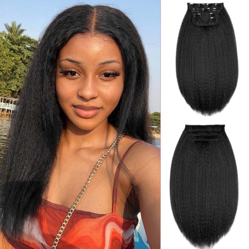 Quantum Love Kinky Straight Clips in Hair Extensions Full Head Yaki Straight Clip Ins for Black W...
