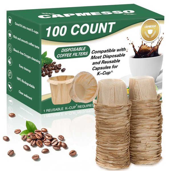 CAPMESSO Disposable Coffee Paper Filters, 100 Count Keurg Cup Coffee Filters Compatible with Keurg Brewers Reusable Single Serve 1.0 and 2.0 Coffee Maker (100 Count, Unbleached)