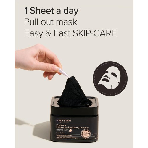 Mary&May Premium Idebenone Blackberry Complex Essence Mask - Quick Dispenser Type Anti Aging Korean Face Mask Sheet - Vitamin C, Panthenol, and Ceramide for Moisturizing and Radiant Skin, 20 Sheets
