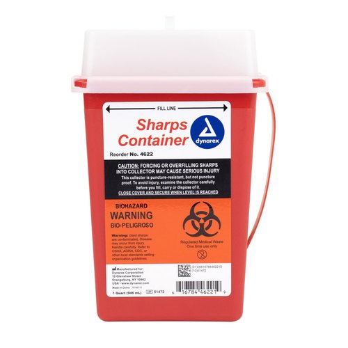 Dynarex Sharps Container, Durable Biohazard Container for Used Medical Hypodermic Needles and Sharp Medical Instruments, Transparent Lid, 1 Quart - 1 Container