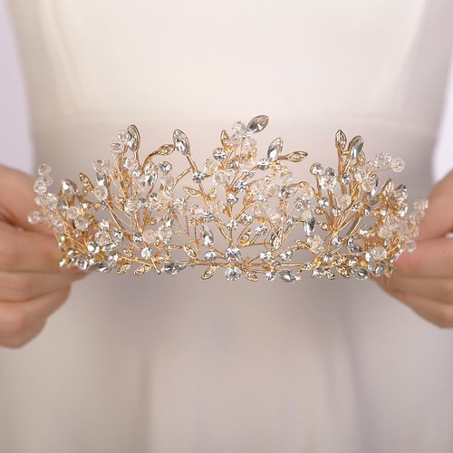 JWICOS Vintage Tiara Crown for Women Crystal Leaf Tiara Gold Wedding Headpiece Tiara for Birthday Prom Party Queen Wedding Crown Hair Accessories for Women Costume (Gold)