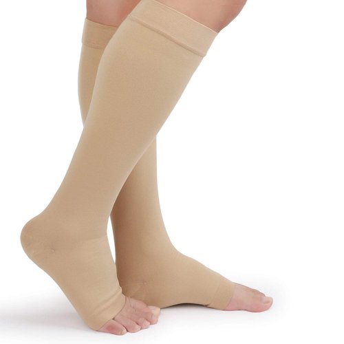 TOFLY® Compression Stockings (Pair), Grade Firm Support 20-30mmHg, Opaque, Unisex, Open Toe Knee High Compression Socks for Varicose Veins, Edema, Shin Splints, Nursing, Travel, Beige M