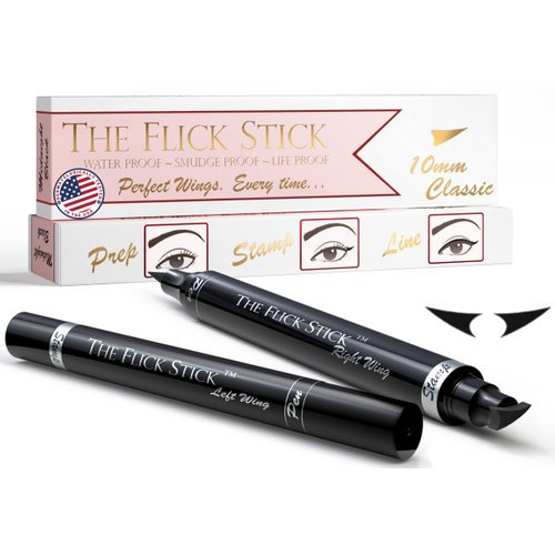 The Flick Stick Winged Eyeliner Stamp, 2 x Black Liquid Eyeliner Pens, Easy Cat Eye Stencil Makeup Tool, SmudgeProof & Waterpoof Eye Liner, Vamp Wing, Wingliner (10mm Classic, Midnight Black)