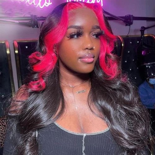 Skunk Stripe Wave Wig Ombre Lace Frontal Wig Human Hair Wigs 13X4 Pink Red Human Hair Lace Frontal Wigs for Black Women Pre Plucked 150% Density HD Transparent Lace Front Wigs Human Hair 18 Inch