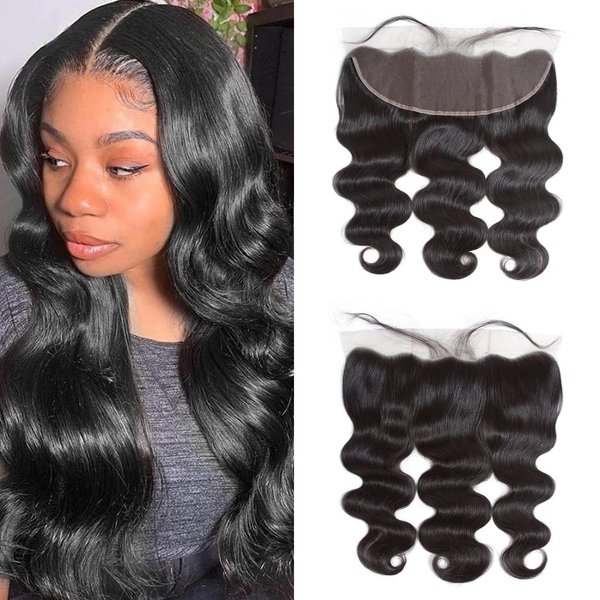 Aiterina 16 Inch Body Wave Ear to Ear Transparent Lace Frontal Closure Unprocessed Brazilian Virgin Human Hair Frontal Pre Plucked with Baby Hair Natural Black Color
