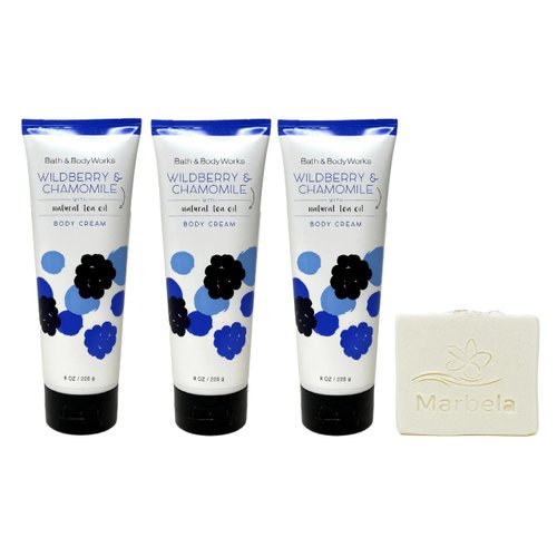 Bath & Body Works Wildberry & Chamomile 3 Pack Body Cream Bundle with a Natural Oats Bar Soap - Full Size