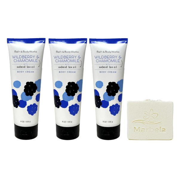 Bath & Body Works Wildberry & Chamomile 3 Pack Body Cream Bundle with a Natural Oats Bar Soap - Full Size
