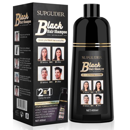 SUPGUDER 400ml Black Hair Dye Shampoo-Instant Black Hair Shampoo for Natural Hair,Temporary Hair Dye Shampoo for Men Women Black Color/Simple to Use/Lasts 30 Days-Fast Acting Natural Ingredients