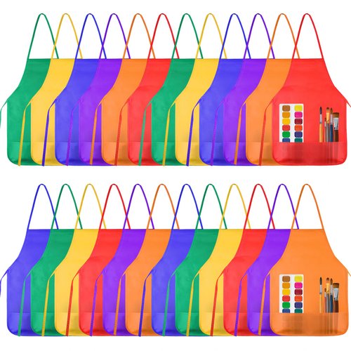 KUUQA 24 Pack Kids Art Apron with Two Pockets Children Painting Aprons for Kids Art Smocks Colorful Bulk for Craft Home Kitchen Classroom Painting Supplies (6 Colors)