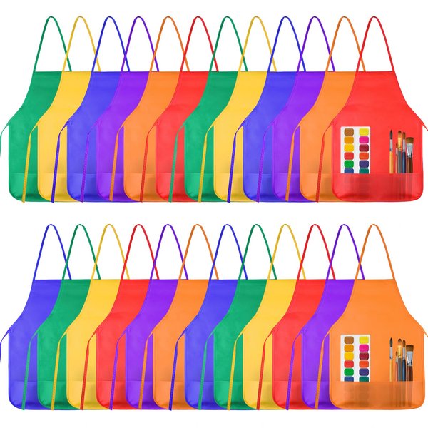 KUUQA 24 Pack Kids Art Apron with Two Pockets Children Painting Aprons for Kids Art Smocks Colorful Bulk for Craft Home Kitchen Classroom Painting Supplies (6 Colors)