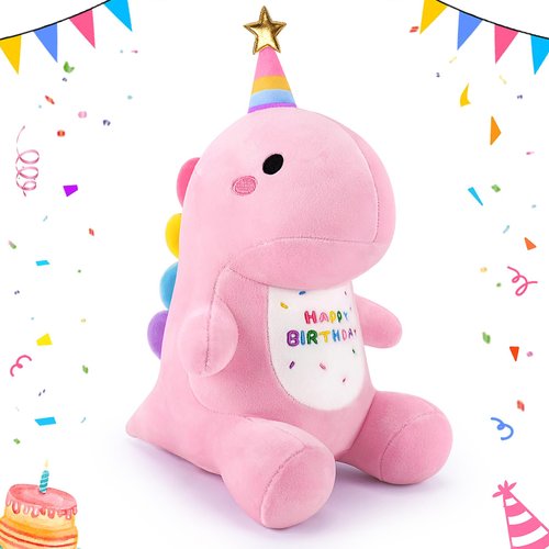 Pink Happy Birthday Dinosaur Stuffed Animal, 11.8'' Kawaii Soft Dino Plush Toys, Dinosaur Plushir Birthday Gift for Her Girls Boys Girlfriend, Valentine Day, Sweet Romantic Anniversary Christmas Gift