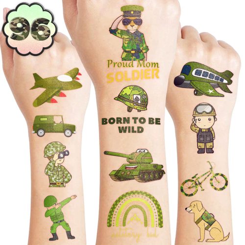 Camo Tempoary Tattoos for Kids, Army Birthday Party Favors Decorations 96PCS Tattoos Stickers Cute Party Supplies Girls Boys Gifts Classroom School Prizes Themed Christmas