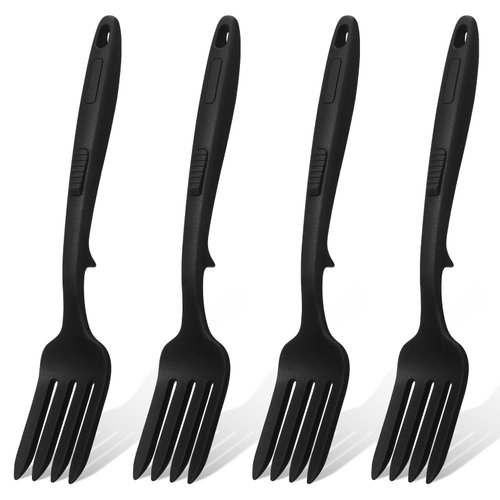 Lounsweer 4 Pcs Silicone Flexible Fork Black Heat Resistant Cooking Fork 10-in-1 Non Stick Blending Fork Dishwasher Safe Serving Fork for Kitchen Stir Mix Mash Scrape Whisk Eggs