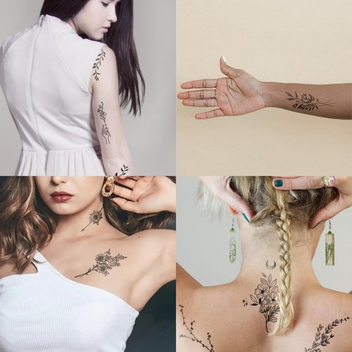 One Grace Medium Black Flower Temporary Tattoos - Realistic Long Lasting Waterproof Tattoos - Floral Bouquet Wild Plants and Branch Tattoos for Women and Men