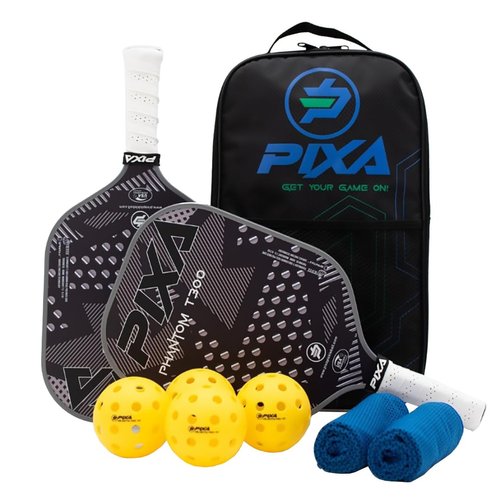 PIXA Phantom T-300 Carbon Face Set of 2 Premium Pickleball Paddles; 16mm; Performance Grip with 4 Outdoor Balls, 2 Cooling Towels and Bag; Great Gift!