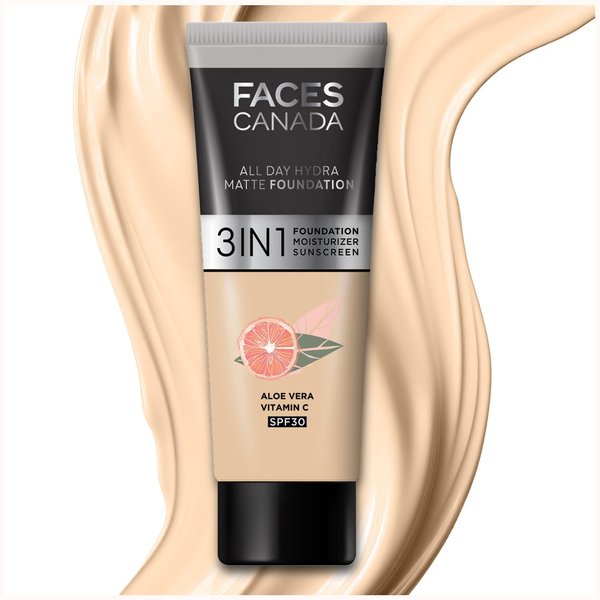 FACESCANADA All Day Hydra Matte Foundation with SPF 30 - Absolute Ivory | 3-in-1 Foundation Moisturizer Sunscreen | Oil Free with Vitamin C | 0.51 Fl Oz/15ml