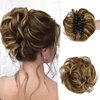 Claw Clip Messy Bun Hair Piece Real Human Hair Buns Wavy Curly Chignon Hair Bun Extensions Tousled Updo Hair Buns Claw Clip Ponytail Hairpieces with Clip for Women（Brown with Blonde Highlights）