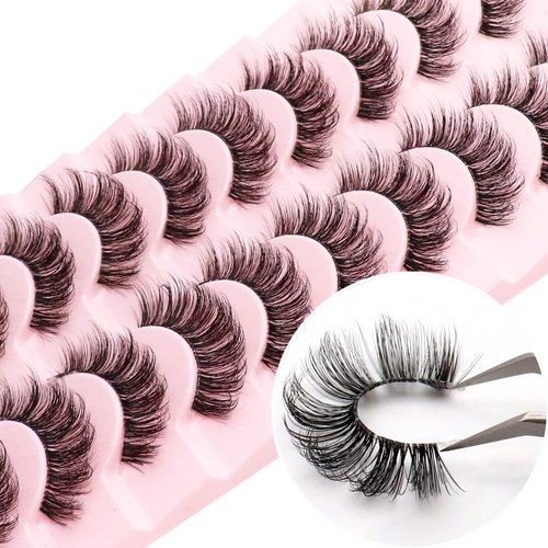 Veleasha Clear Band Lashes 10 Pairs Pack D Curl Russian Strip Lashes,Natural Look Transparent Soft Band Faux Mink Eyelashes for Eye Makeup (D03-T)