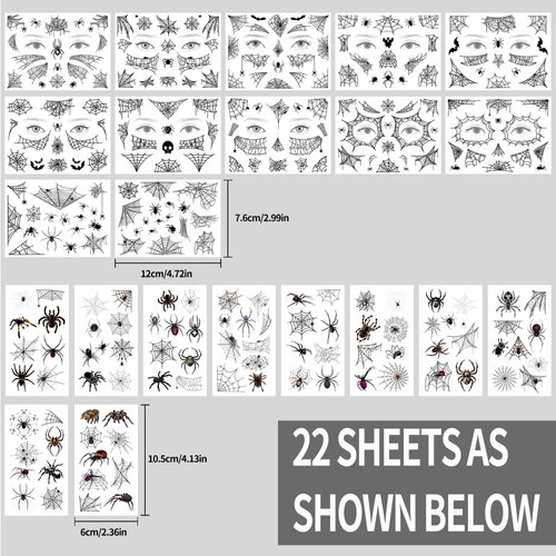 TATUWST Halloween Spider Face Temporary Tattoos -22 Sheets Shoulder Back Body Art Spider Sticker for Witch Halloween Costume Cosplay Theme Party Women Girls Favors Theme Party Favors Supplies