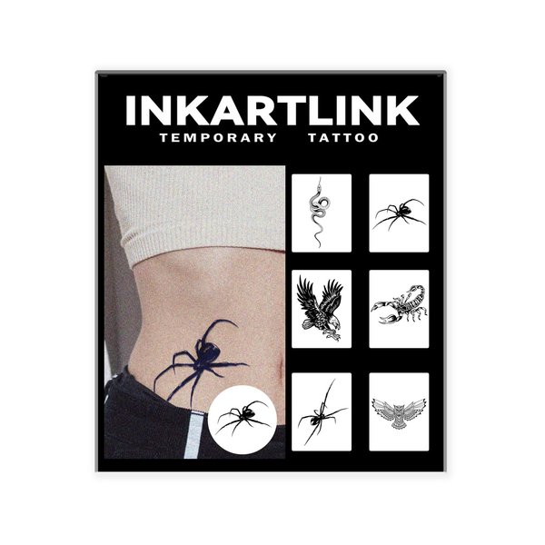 INKARTLINK Tattoo Tech, 6 Sheets Semi Permanent Tattoo, Adult Art Design Temporary Tattoos, Lasts 1-2 Weeks, Waterproof, Realistic Look, No Adhesive, No Reflection (Spider Design)