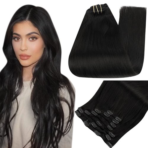 Full Shine Human Hair Clip in Extensions Black Clip in Hair Extensions Color 1 Jet Black Brazilian Hair Clip Ins Double Weft Straight Real Hair Extensions Clip in Human Hair 7Pcs 120Grams
