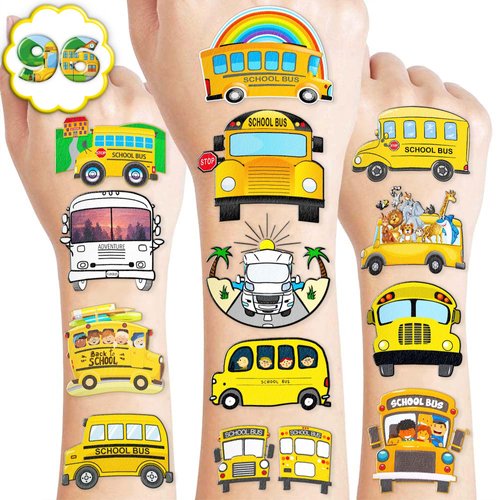 8 Sheets (96PCS) Bus Temporary Tattoos Transportation Themed Birthday Party Decorations Supplies Favors Bus Stickers for Kids Gifts Classroom School Prizes Rewards