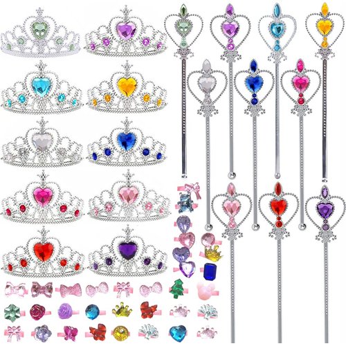 56Pcs Princess Crowns Tiaras Wands and Rings for Little Girls Princess Costume Dress Up Play Set Princess Girls Party Favors Pretend Halloween Costume Party Play Set