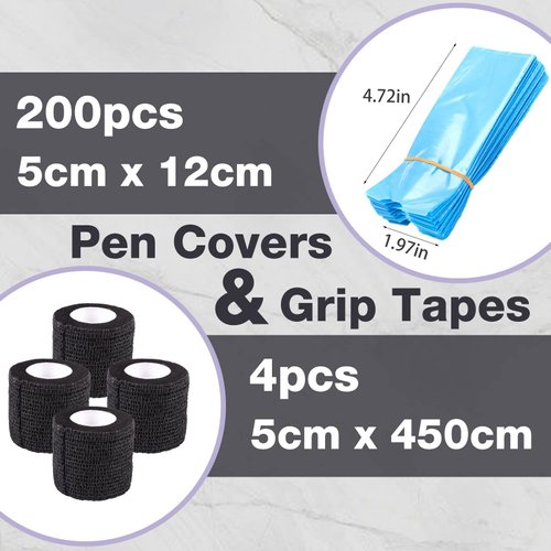Pen Covers and Grip Tapes - Usiriy 200pcs Machine Pen Bags and 4pcs Grip Tape Wrap Blue Plastic Pen Sleeves with Black Self-adhesive Bandages Covers Machine Cover kit