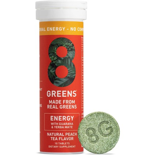8Greens Daily Greens Energy Effervescent Tablets - Natural Energy Boost, Pre-Workout, No Crash, Greens Powder, Made with Guarana & Yerba Mate, Vitamin B12 - Peach Flavor, 10 Tablets