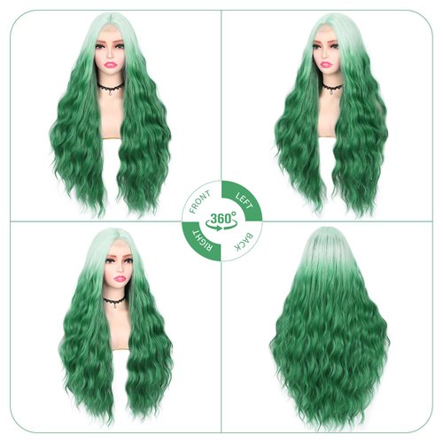 WIGNEE Long Wavy Wigs for Women Ombre Green Middle Part Wigs Teal Mermaid Wigs for Women Long Curly Colored Heat Resistant Wig for Cosplay Party Daily Use(Ombre Green,28”)