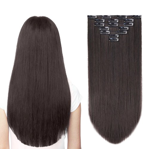SYXLCYGG Brown Hair Extension Clip Hair Extensions Synthetic Dark Brown 22&quot; 5 Oz Straight Fluffy ...