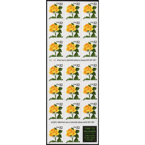 Yellow Rose Convertible Booklet of 20 x 32¢ US Postage Stamps Scott 3049a